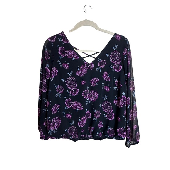 Torrid Black Pink Floral Chiffon Cage Crisscross Back Blouse Women’s Size 1X - Picture 2 of 13